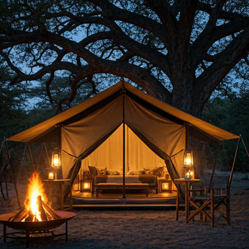 Inside a luxurious safari tent at dusk